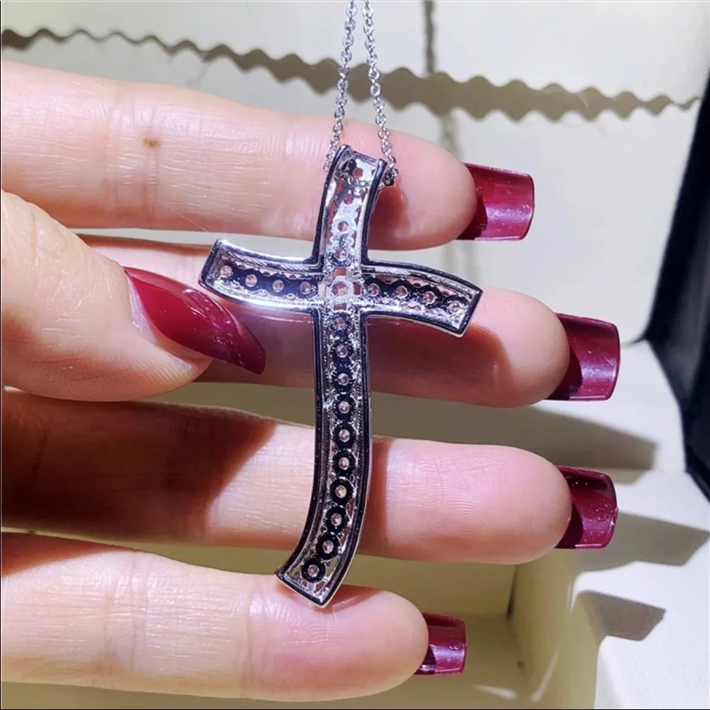 New Men Women 925 Silver Big Diamond Pendant Cross Necklace - Picture 3 of 6